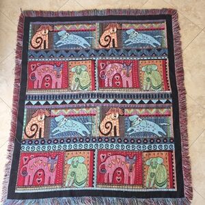 Laurel Burch Mythical Dog Throw Blanket Tapestry Fringe Acrylic 2006 Vintage